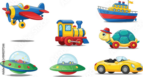 Cute vector set of colorful cartoon toys featuring airplane, train, yellow convertible car, two UFOs, ship, and turtle character,