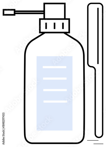 Clear sanitizer bottle with a pump nozzle beside a thermometer for health care, safety, disinfection, cleanliness, medical practices, hygiene promotion, prevention, and simple flat metaphor