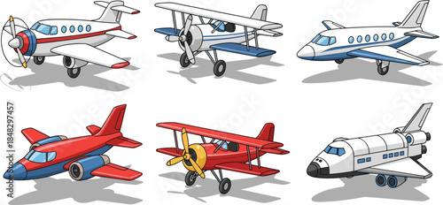 Detailed vector illustration set of diverse flying machines, including private jets, biplanes, and a space shuttle, for aviation and travel themes,