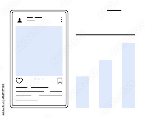 Social media engagement. Minimal smartphone interface and bar chart analytics. Social media trends tracking, performance analysis, and online marketing insights. For business, marketing strategies