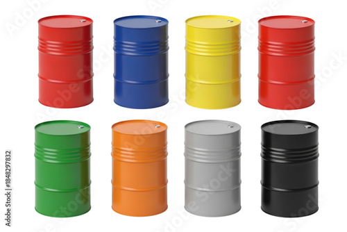 Set of eight brightly colored industrial steel drums ready for chemical storage or hazardous material transport