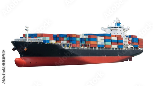 Massive colorful cargo container ship sailing carrying global trade goods