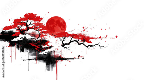 Dramatic Blood Moon and Stylized Tree Branches with Red Splatter Grunge Art