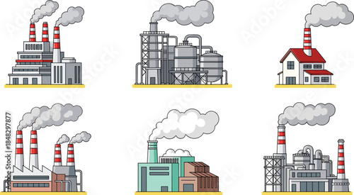 Diverse set of industrial factory buildings, plants, and power stations with smoking chimneys, illustrating manufacturing and pollution concepts,