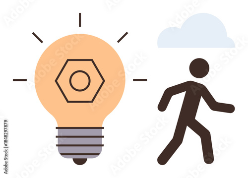 Large glowing light bulb with hexagon, human figure walking right, cloud over. Ideal for creativity, innovation, inspiration, progress, brainstorming self-development motivation. Simple flat
