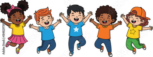 Diverse group of happy children jumping for joy, including multicultural boys and girls in colorful outfits for back to school and youth.