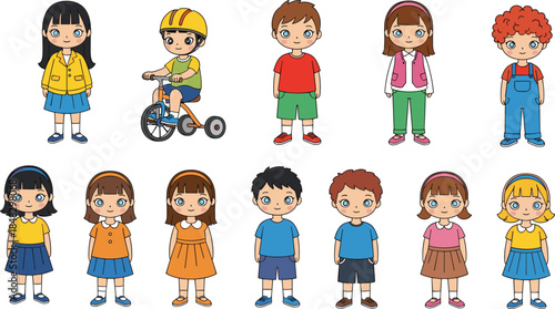 Diverse vector collection of cute, young children characters in various casual outfits, including boys and girls for education and youth design,