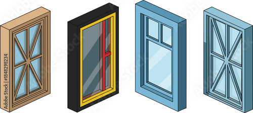 Isometric vector set of four different house windows with various frames and panes, representing architecture and construction elements,
