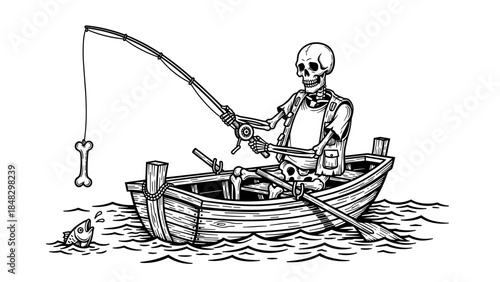 Skeleton Fisherman in Rowboat with Bone Lure Angling for Fish, Black and White Woodcut Style Illustration for Halloween Designs, Mortality Metaphors, Dark Humor Art, and Tattoo Imagery