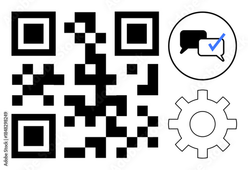 QR code, speech bubble with checkmark, and gear represent communication, technology, automation, verification, data sharing, interaction and strategy. Ideal for tech business and education