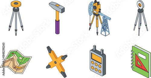 Isometric Vector Set of Surveying and Geological Tools Icons, Equipment Collection Including Theodolite, Hammer, Map, and Notebook for Engineering and Science.