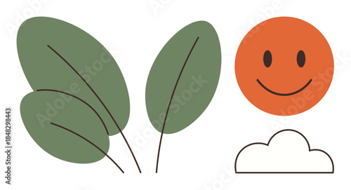 Green leaves cluster next to an orange smiling sun and an outlined cloud. Ideal for nature, optimism, sustainability, eco-friendliness, health, simplicity, wellness themes. Represents a simple flat