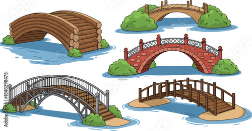 Set of Cartoon Bridge Vector Illustrations, Different Designs Including Log, Stone Arch, Wooden, and Metal Railing Bridges for Architecture and Landscape Design.