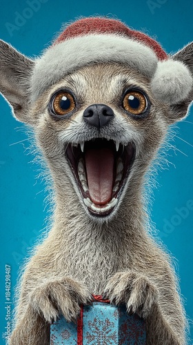 Adorable pup in santa hat offers ultimate christmas spirit in art. Fantasy poster. Festive dog art with extra gifts and snowflakes, enhanced christmas vibe. Cinematic poster.