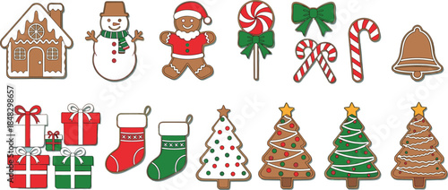 Set of Christmas Gingerbread Cookies and Festive Decorations Vector Illustration, Including Gingerbread House, Snowman, Trees, Candy Canes, Stockings, and Gift Boxes.