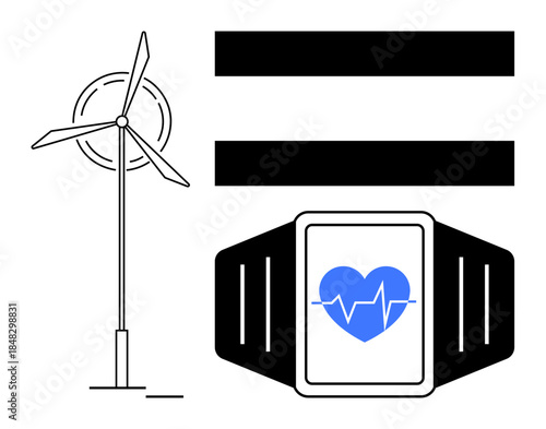 Wind turbine, equal sign, and smartwatch with heart icon representing sustainability, equality, technology, health, innovation, balance and eco-conscious living. Ideal for modern concepts renewable