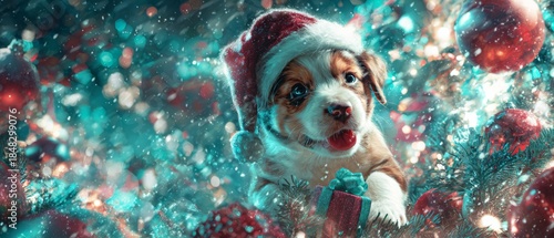 Charming pup in santa hat: a playful christmas composition. Thriller poster. Enhanced christmas pup scene: twinkling lights and naughty charm. Adventure poster. Action poster.