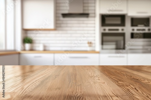 Wallpaper Mural Wooden table featuring textured surface with a blurred white modern kitchen interior in the background, providing practical copy space Torontodigital.ca
