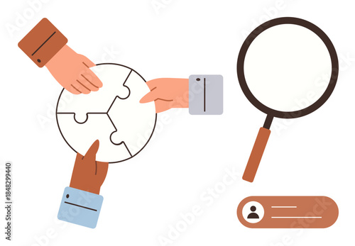 Hands assembling circular puzzle for teamwork and magnifying glass with user profile for recruitment. Ideal for collaboration, hiring, problem-solving, analysis, strategy, community, communication. A