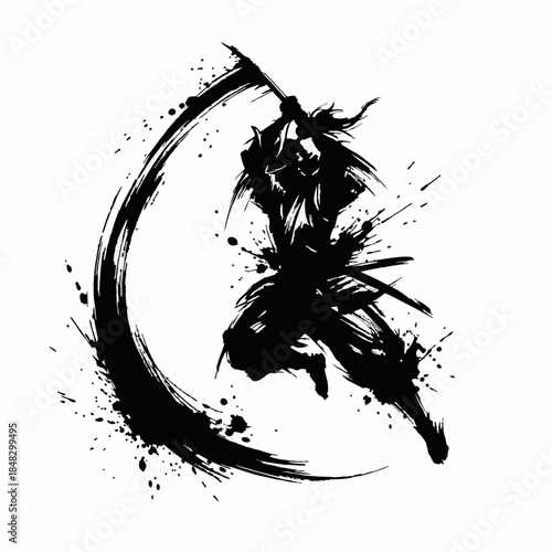 Jumping Samurai Slash Ink Brush Art. Dynamic Action Japanese Warrior Silhouette Vector with Ink Splatter