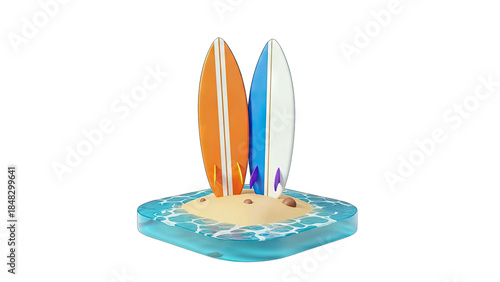 Surfboards Standing on a Miniature Island in the Ocean