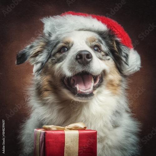 Enchanting christmas delights with a smiling doggy. Luxury portrait. Adorable dog with santa hat and gift, a playful holiday greeting. Chic appearance. Fashion editorial.