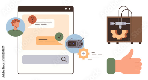 User interacting with AI chatbot on device, robot automation, 3D printer in action, success approval. Ideal for technology, innovation, automation, customer support, AI manufacturing productivity