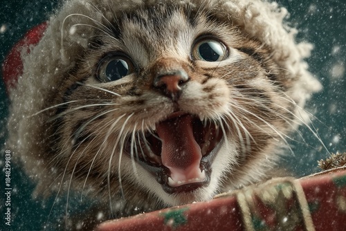 Adorable cat brings a touch of christmas cheer. Studio portrait. Subtly enhanced christmas scene featuring a happy cat and gift. Fashion beauty. Professional look.