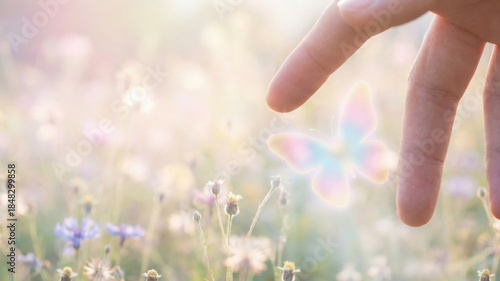 Fototapeta Naklejka Na Ścianę i Meble -  Gentle hand touching iridescent butterfly over wildflower meadow at sunrise, soft pastel light and dreamy atmosphere