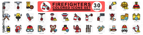 Firefighters colored icons set. contain fire truck, safety boots, uniform, safety mask, water supply, fire alert and more. Vector for modern concept, print, UI, UX kit, web and app development.
