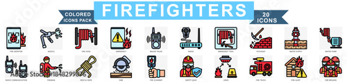Firefighters colored icons set. contain fire truck, safety boots, uniform, safety mask, water supply, fire alert and more. Vector for modern concept, print, UI, UX kit, web and app development.
