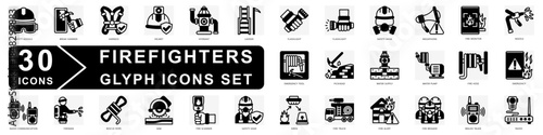 Firefighters glyph icons set. contain fire truck, safety boots, uniform, safety mask, water supply, fire alert and more. Vector for modern concept, print, UI, UX kit, web and app development.
