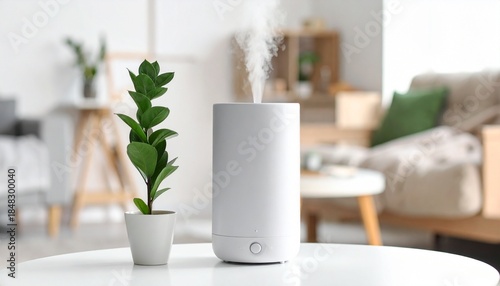 Wallpaper Mural A modern cylindrical humidifier emitting visible mist, placed on a white table beside a small potted green plant in a cozy, well-lit room with home furnishings in the background. Torontodigital.ca