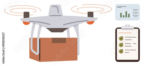quadcopter carrying a package, checklist with green ticks, and data analytics chart. Ideal for delivery, technology, innovation, efficiency, logistics automation and e-commerce. Simple flat