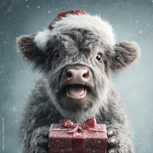 Festive joy with santa's little ox and its adorable gift surprise. Promotional poster. Twinkling stars and snowflakes: the ox brings festive delight. Hero poster. Cinema artwork.