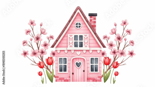 Charming Little Cottage with Garden Blooms Illustration

