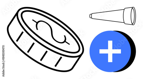 Financial growth concept. Stylized coin icon, magnifying tool, and plus symbol financial growth, analysis, and progress. For finance, investment, business strategies marketing education