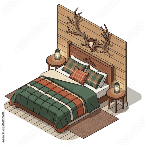 Cozy rustic bedroom with mounted deer antlers and warm decor for cabin interior design