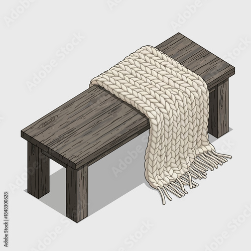 cozy rustic wooden bench with chunky cream knitted blanket draped over it for a warm inviting