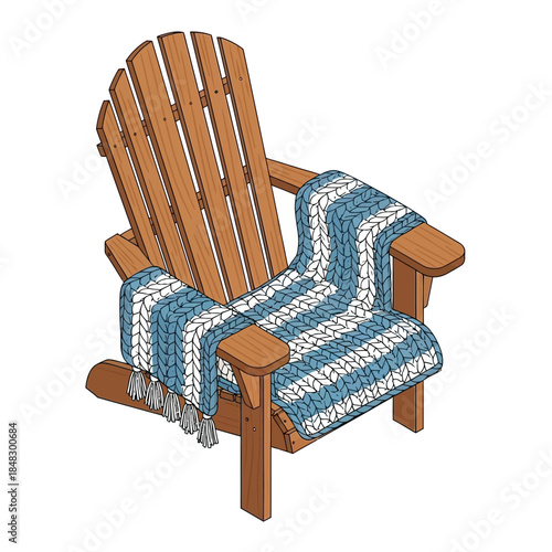 Cozy wooden Adirondack chair with a stylish blue and white woven blanket for outdoor relaxation