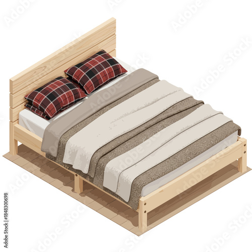 cozy wooden bed with neatly arranged striped bedding and plaid pillows in minimalistic bedroom