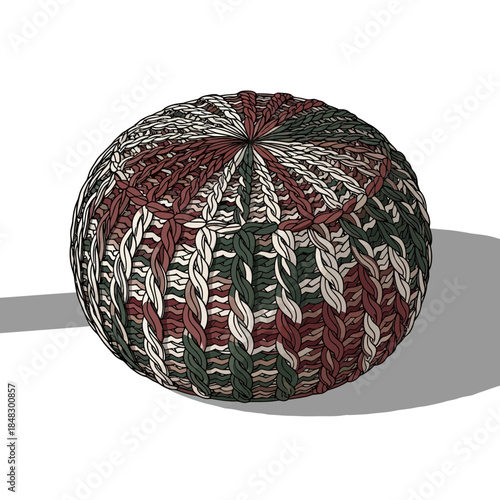 Colorful knitted textile ball with intricate patterns and vibrant hues on white background