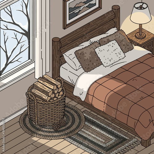 Cozy bedroom scene featuring a neatly made bed with fur and linen pillows beside a large window