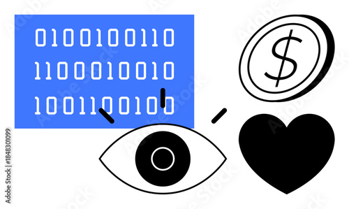 Technology, finance, human connection, binary code, digital innovation, data analysis. Binary code block, dollar symbol heart and eye . Technology and finance concept