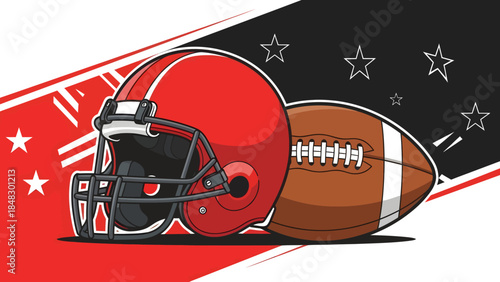 American football helmet and ball on red, white, and black background with stars