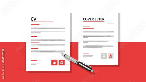 CV and cover letter documents with pen on red and white background