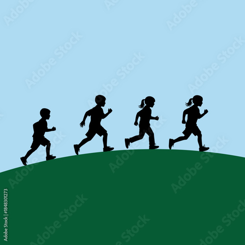 Silhouetted Children Running Uphill on Green Slope Against Blue Sky, Illustrating Active Childhood and Progress