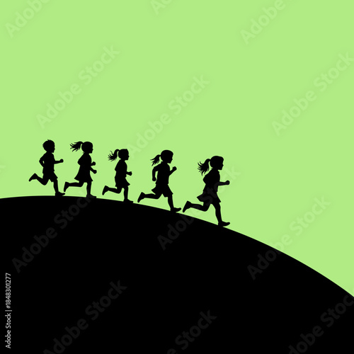 Joyful silhouettes of diverse children running downhill on a vibrant green background, depicting freedom, play, and childhood adventure