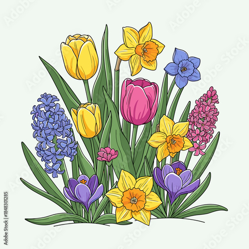 Vibrant Spring Flower Bouquet Illustration with Tulips, Daffodils, Hyacinths, and Crocuses in Full Bloom