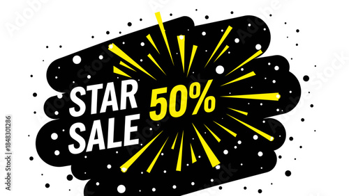 Black cloud shape with 'STAR SALE 50%' text and yellow rays on white background